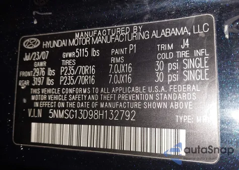 2008 Hyundai Santa Fe Gls from USA, damaged, VIN 5NMSG13D98H132792